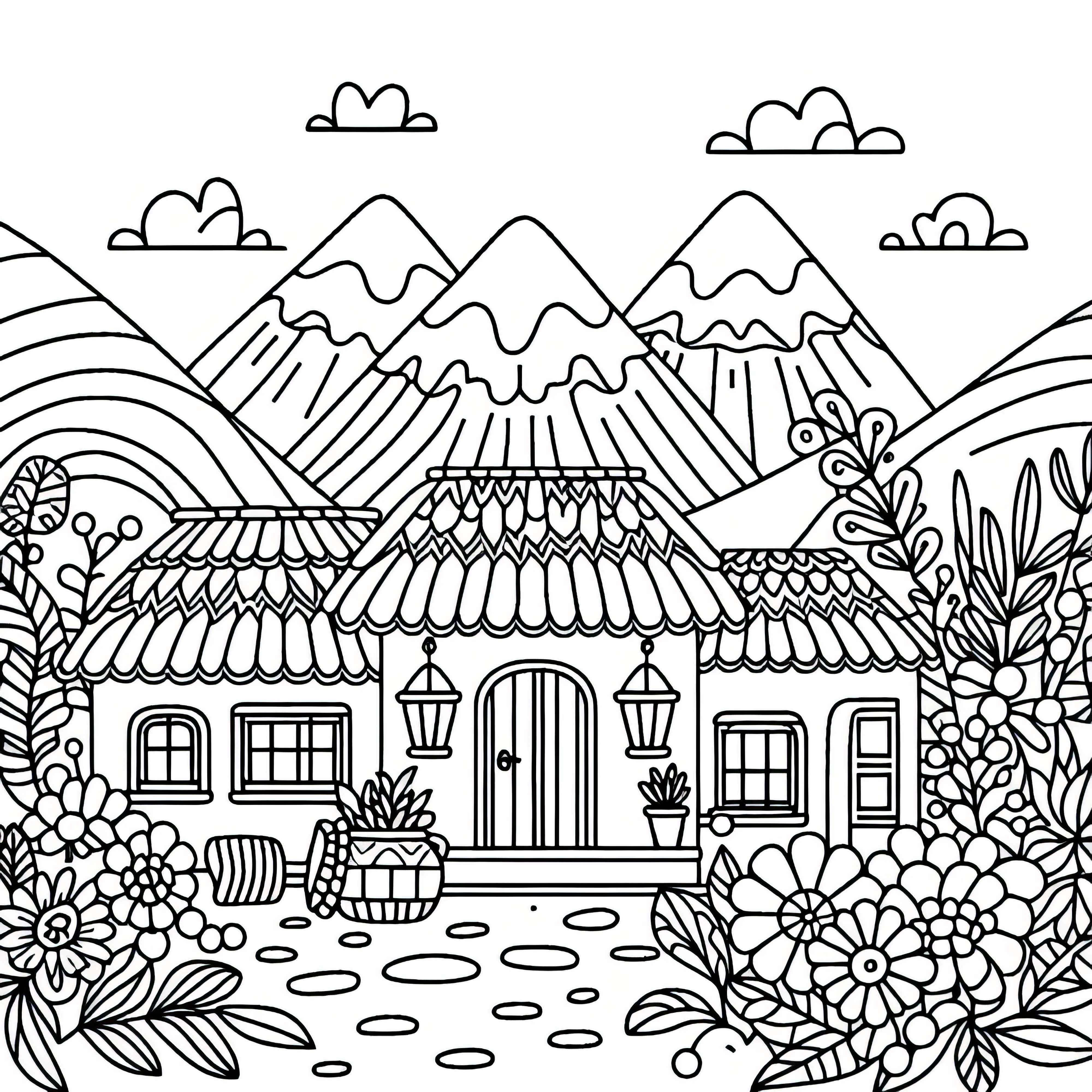 Typical village building with clay houses and flowers – coloring page South America free Typical village building with clay houses and flowers - Free coloring page South America