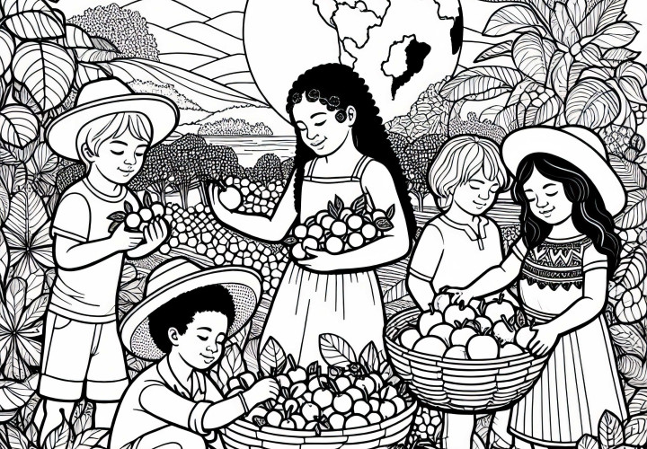 Children picking fruits in a tropical garden – Coloring page from South America for free Children picking fruits in a tropical garden – Coloring page from South America free of charge