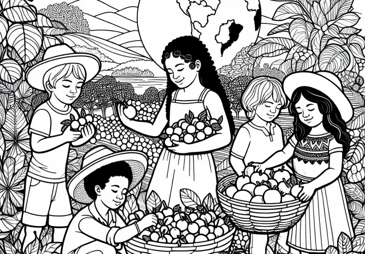 Anak-anak memetik buah di taman tropis - Gambar mewarnai dari Amerika Selatan gratis