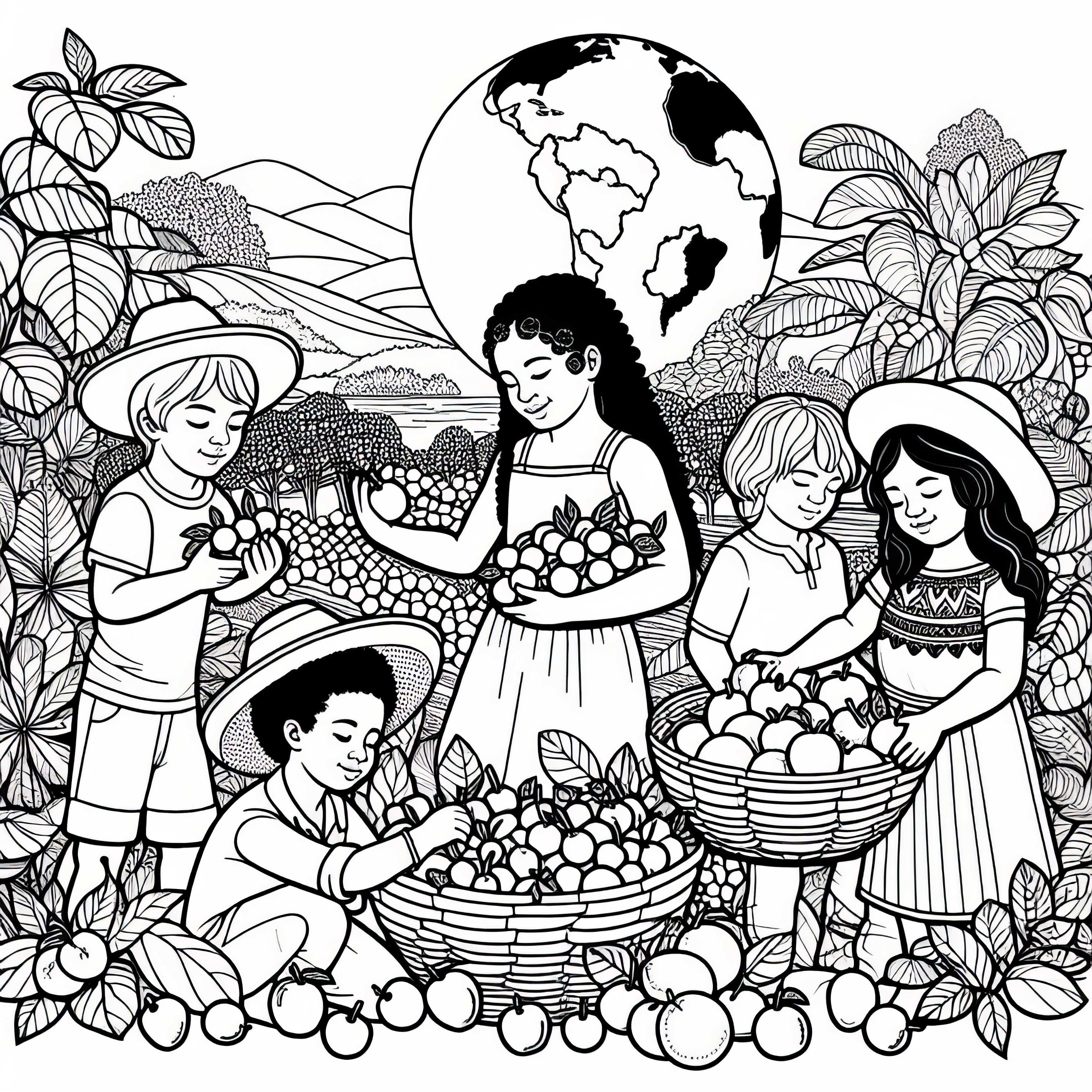 Children pick fruits in a tropical garden – coloring page from South America for free Children pick fruit in a tropical garden - coloring page from South America for free