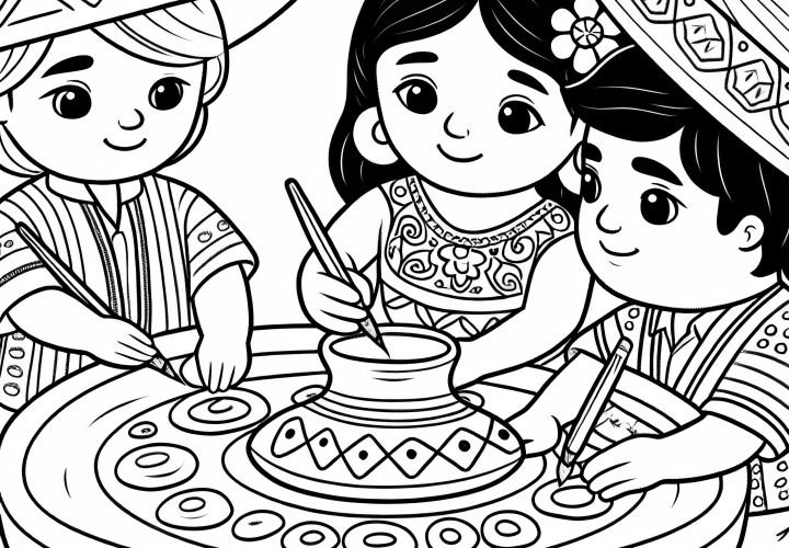 Children paint on clay plates with traditional patterns - coloring template from South America Children paint on clay plates with traditional patterns – coloring template from South America