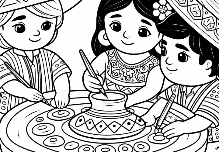 Anak-anak melukis di atas lempengan tanah liat dengan pola tradisional - Contoh gambar dari Amerika Selatan