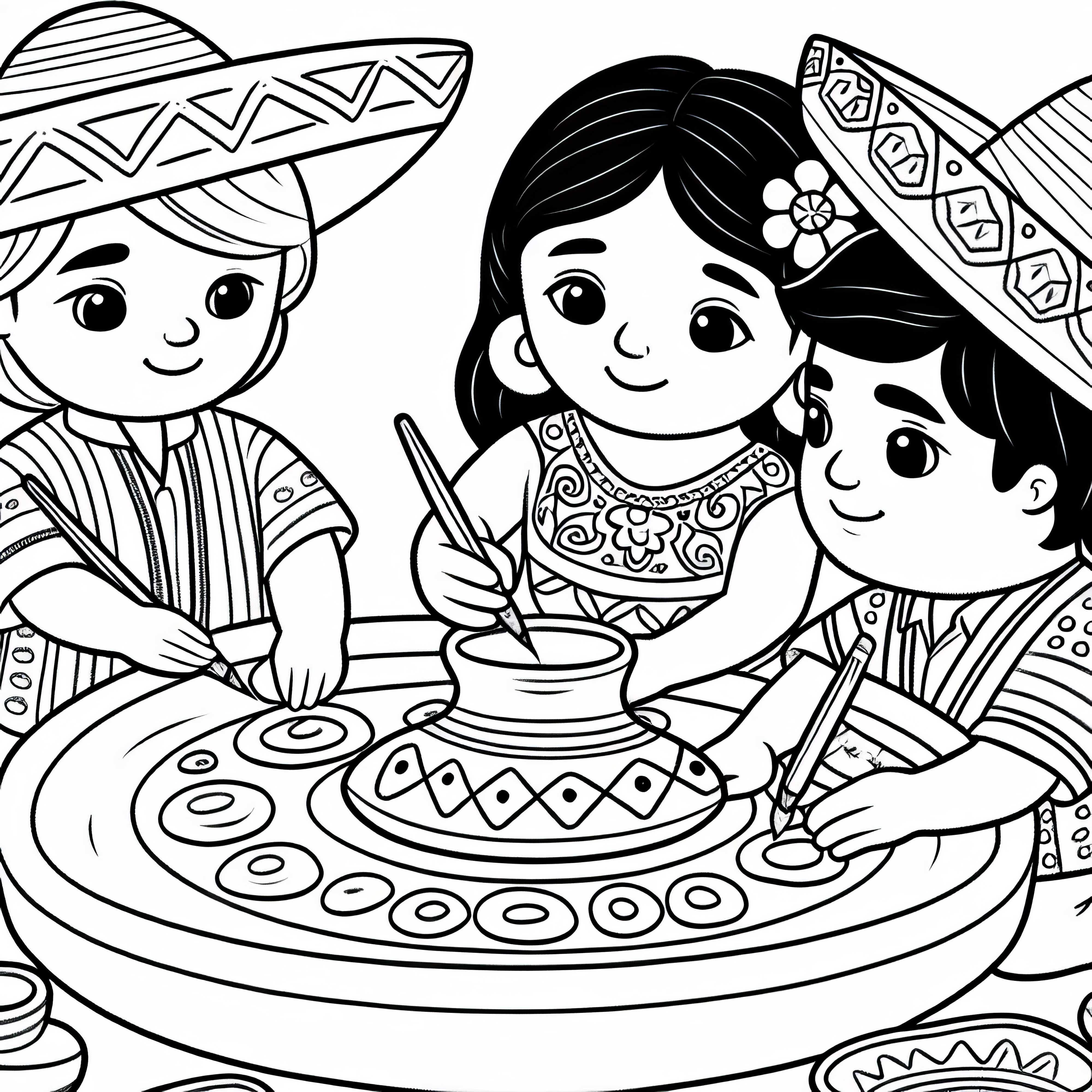 Children paint on clay plates with traditional patterns - coloring template from South America Children paint on clay plates with traditional patterns – coloring template from South America