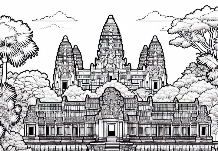 Temple Angkor Wat in Cambodia with jungle – Free coloring template Asia Angkor Wat Temple in Cambodia with jungle - Asia coloring page free