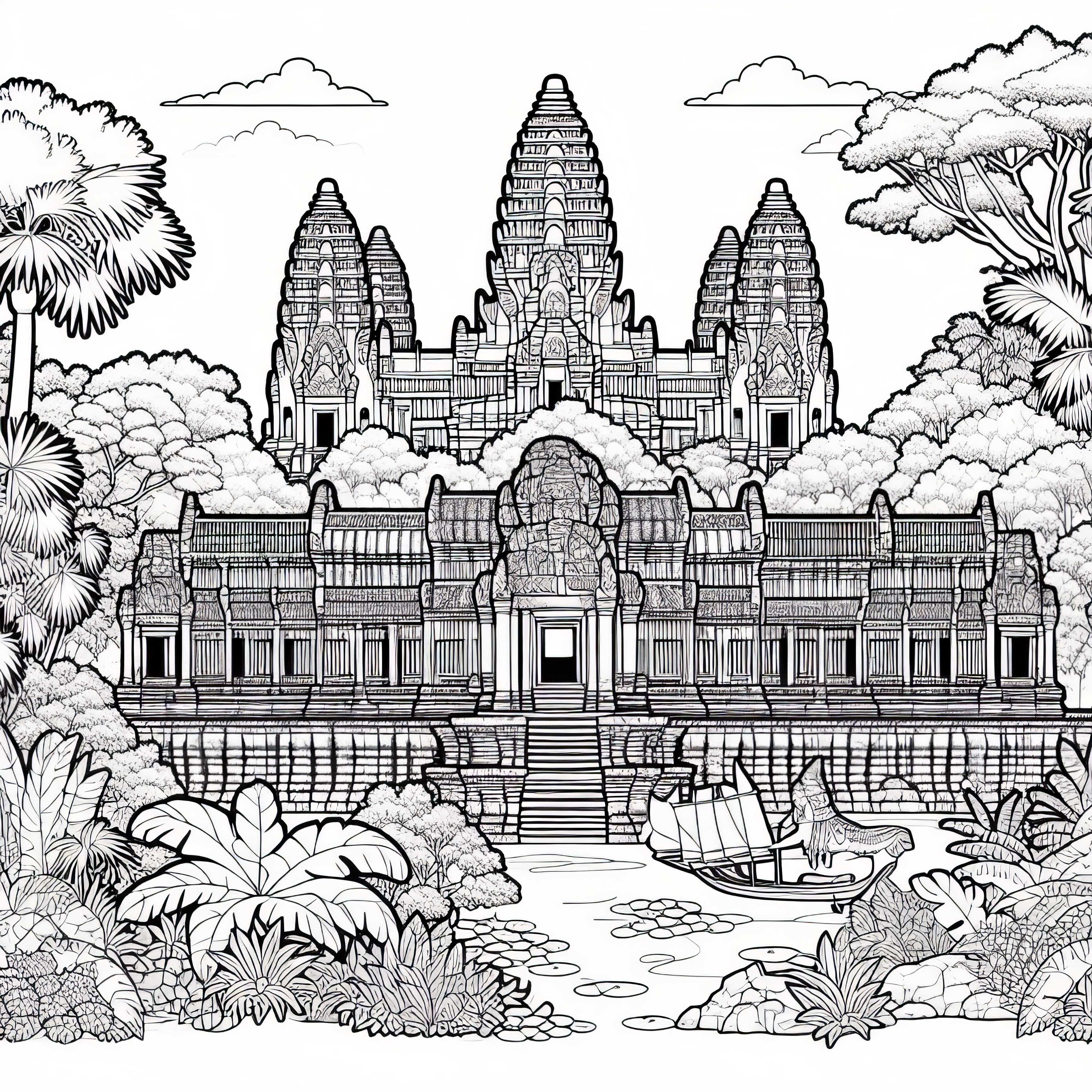 Temple Angkor Wat in Cambodia with jungle - Coloring page Asia free Angkor Wat Temple in Cambodia with Jungle - Free Coloring Page Asia
