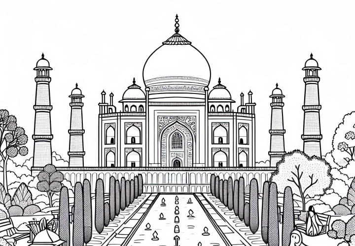 Taj Mahal in India with garden layout - Coloring template from Asia for free Taj Mahal in India with garden layout - Coloring template from Asia for free