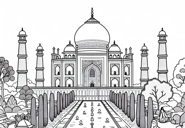 Taj Mahal di India dengan taman - Template mewarnai dari Asia gratis