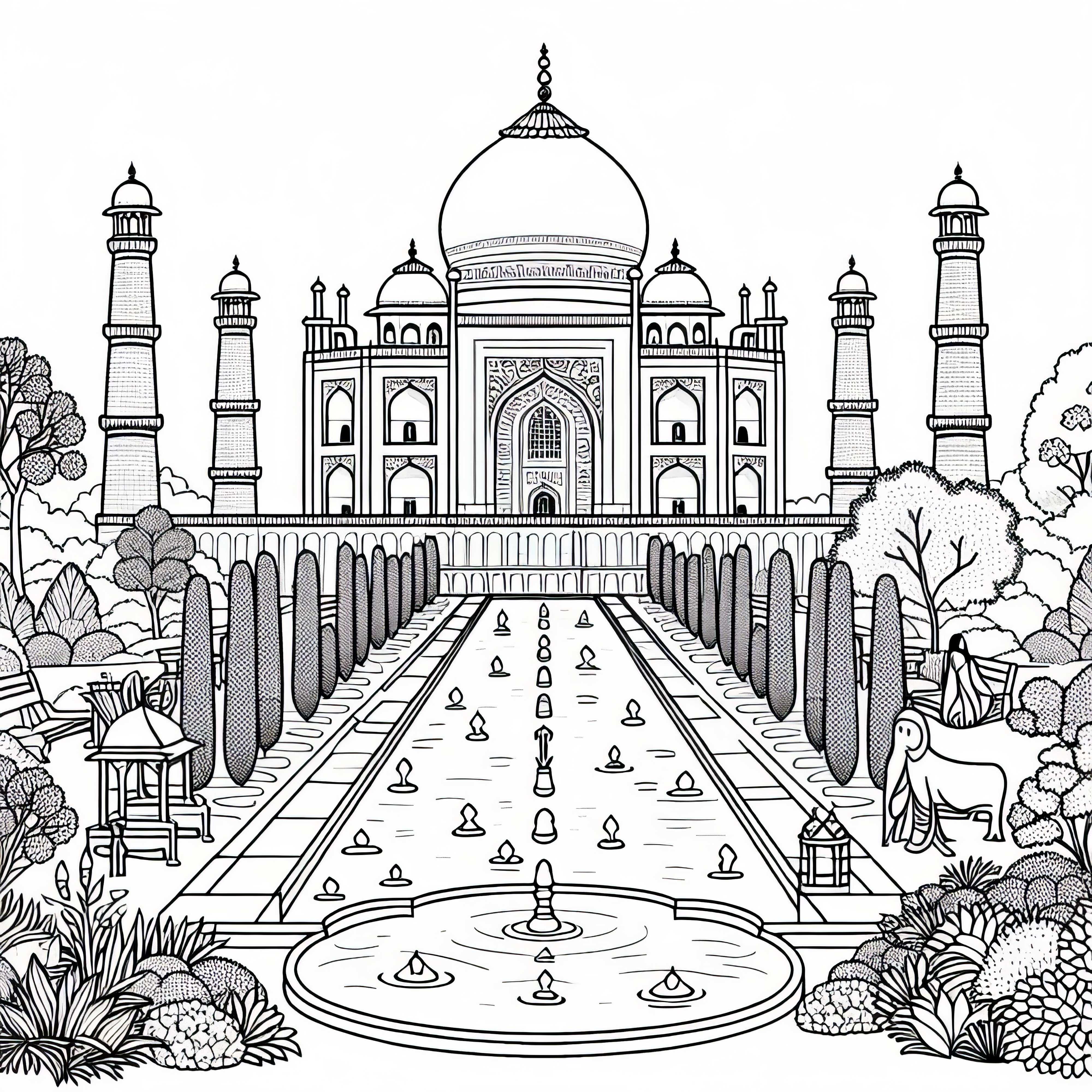 Taj Mahal in India with garden layout – coloring page from Asia for free Taj Mahal in India with garden layout - Free coloring template from Asia