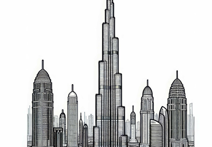 Burj Khalifa in the United Arab Emirates with city panorama as a coloring page from Asia Burj Khalifa in the United Arab Emirates with a city panorama as a coloring page from Asia