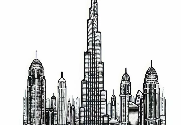 Burj Khalifa di Uni Emirat Arab dengan panorama kota sebagai gambar mewarnai dari Asia