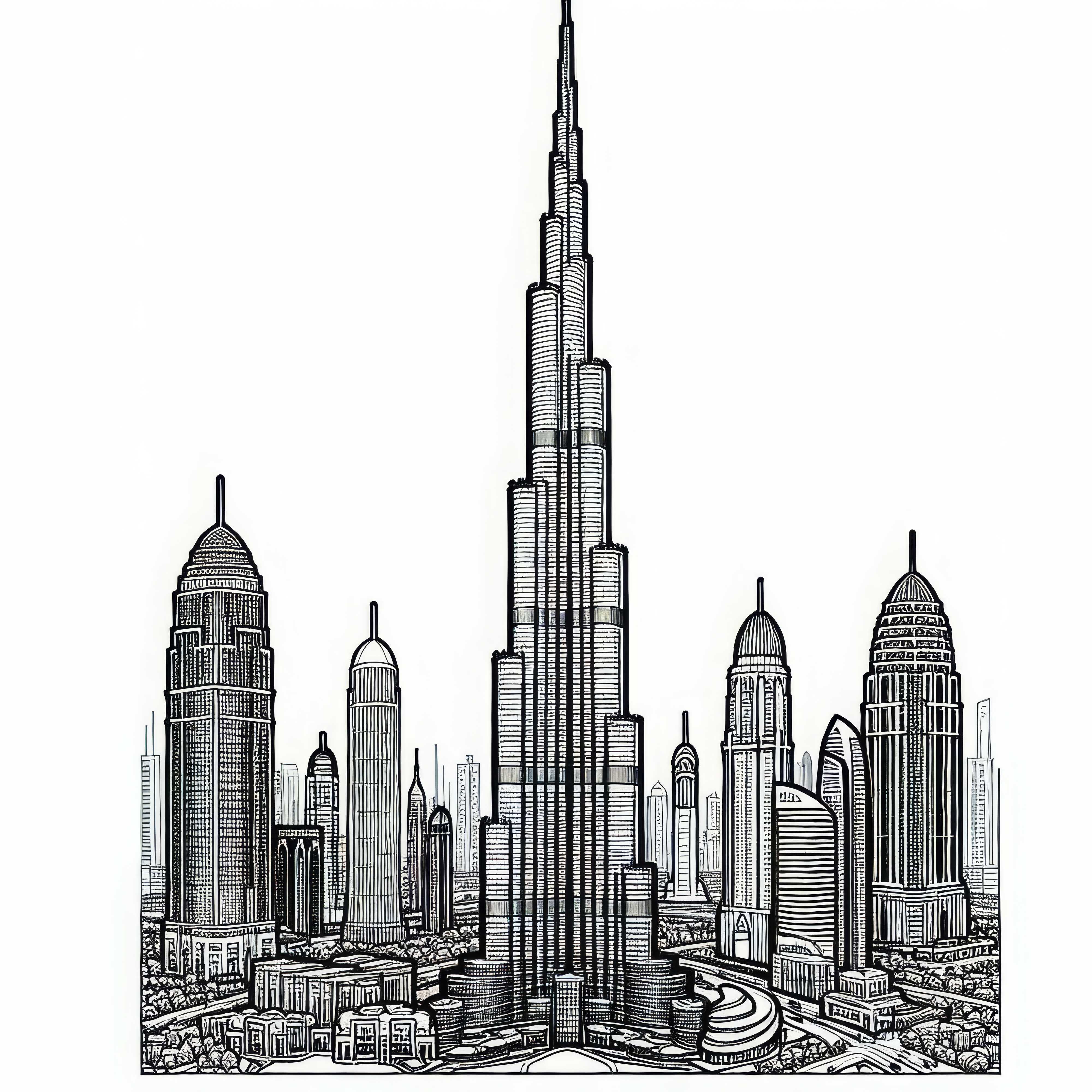Burj Khalifa in the United Arab Emirates with city panorama as a coloring page from Asia Burj Khalifa in the United Arab Emirates with city panorama as a coloring page from Asia