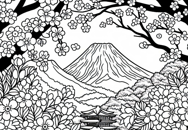 Mount Fuji in Japan with cherry blossoms in the foreground – Coloring page from Asia Mount Fuji in Japan with cherry blossoms in the foreground - coloring page from Asia