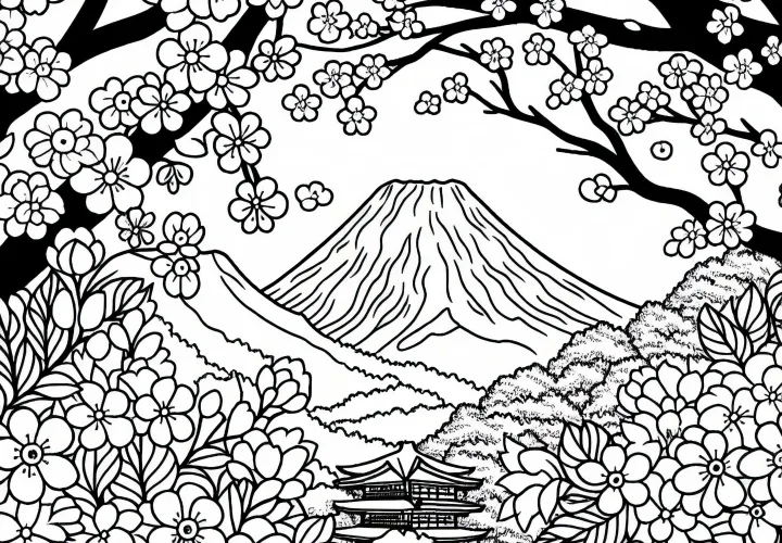 Gunung Fuji di Jepang dengan bunga sakura di latar depan - Gambar untuk diwarnai dari Asia