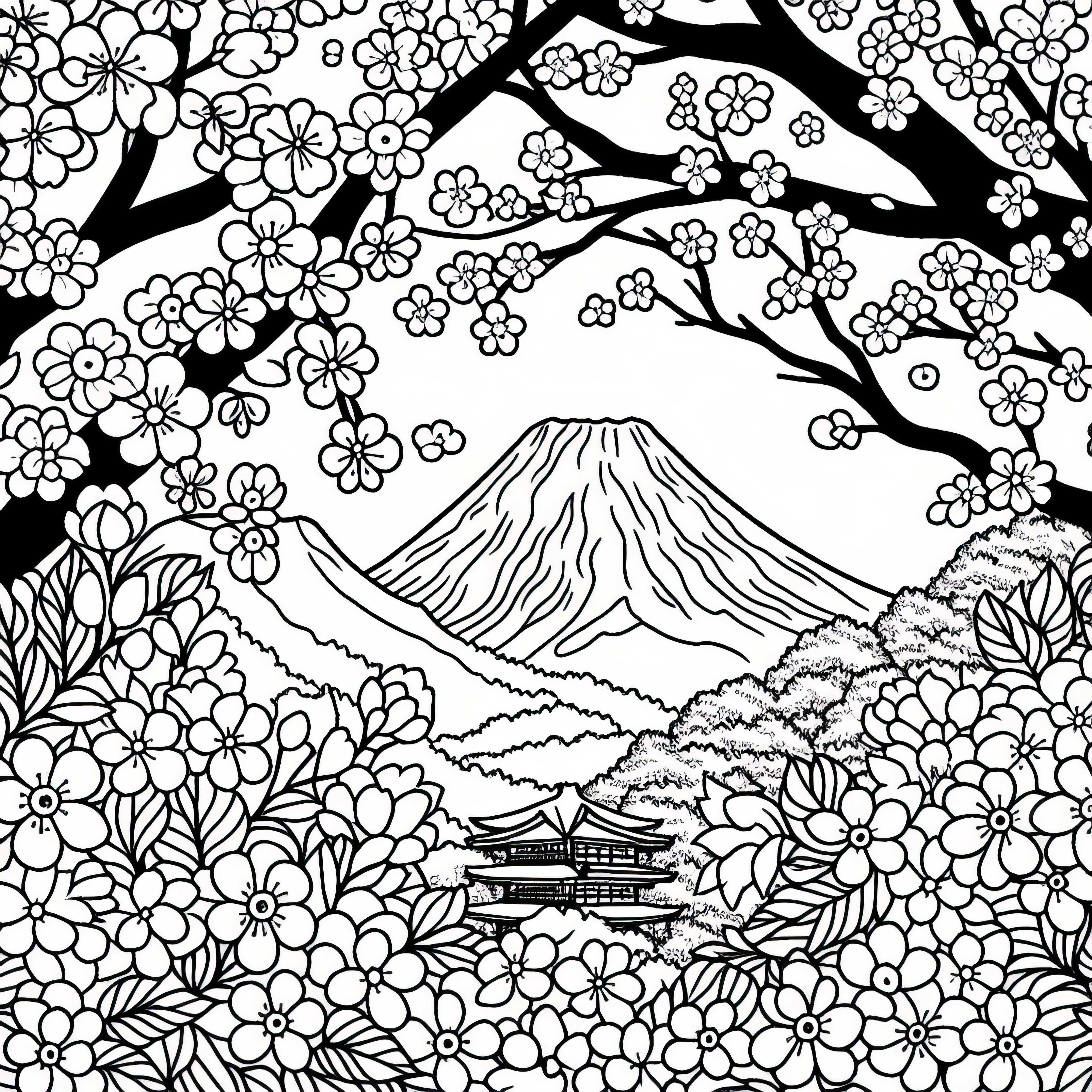 Mount Fuji in Japan with cherry blossoms in the foreground - Coloring page from Asia Mount Fuji in Japan with cherry blossoms in the foreground – Coloring page from Asia
