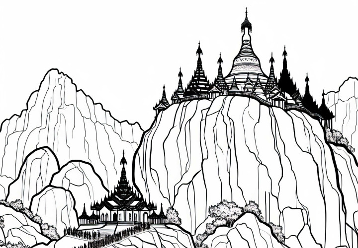 Golden Rock of Kyaiktiyo in Myanmar with Pilgrims - Coloring page for Asia free Golden Rock of Kyaiktiyo in Myanmar with pilgrims - Coloring page for Asia free