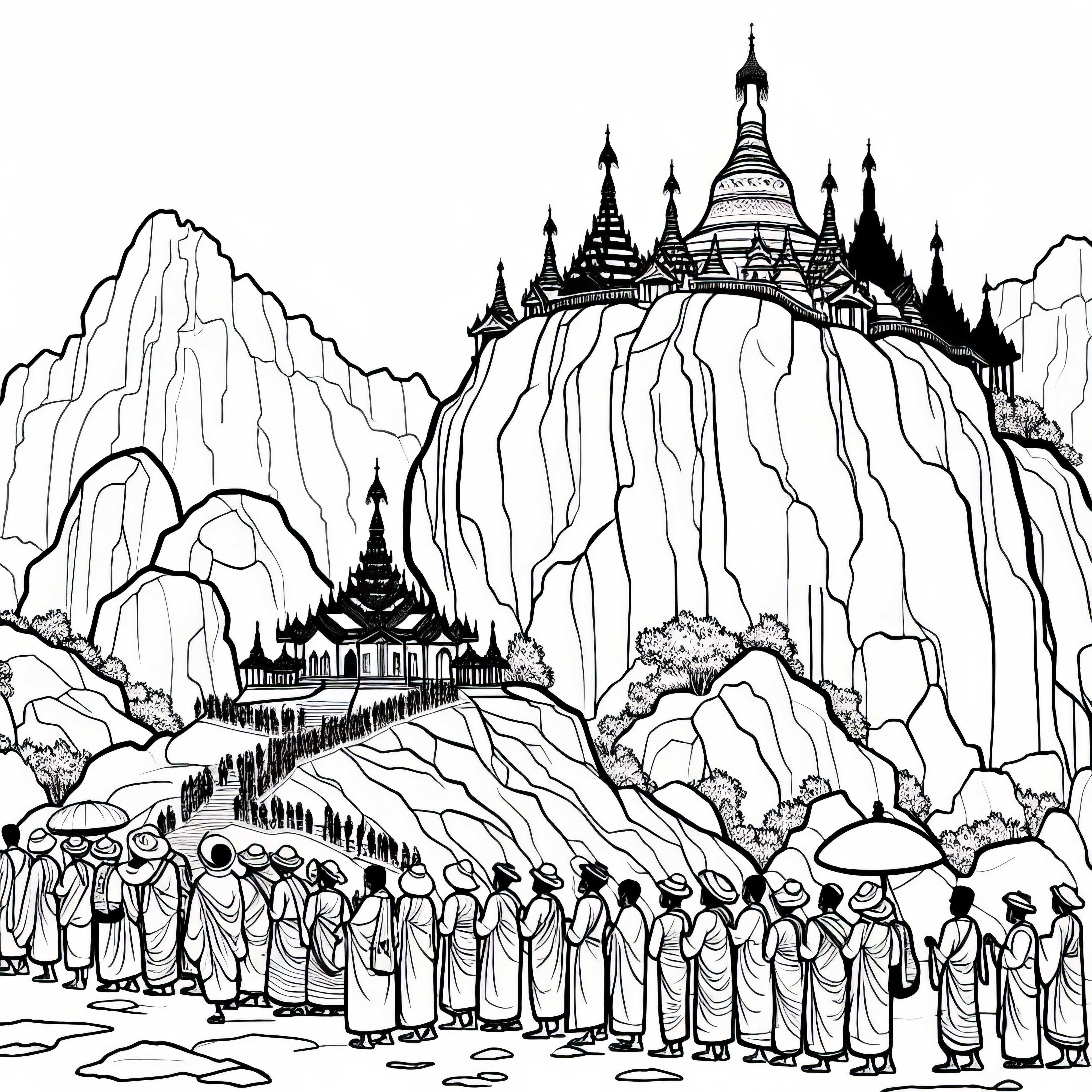 Golden Rock of Kyaiktiyo in Myanmar with pilgrims – Coloring page for Asia free Golden Rock of Kyaiktiyo in Myanmar with pilgrims - coloring page for Asia free