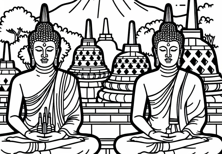Temple of Borobudur in Indonesia with Buddha statues – Coloring page Temple of Borobudur in Indonesia with Buddha statues - Coloring page