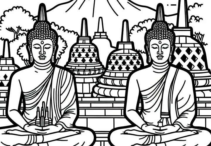 Candi Borobudur di Indonesia dengan patung Buddha – Gambar untuk diwarnai