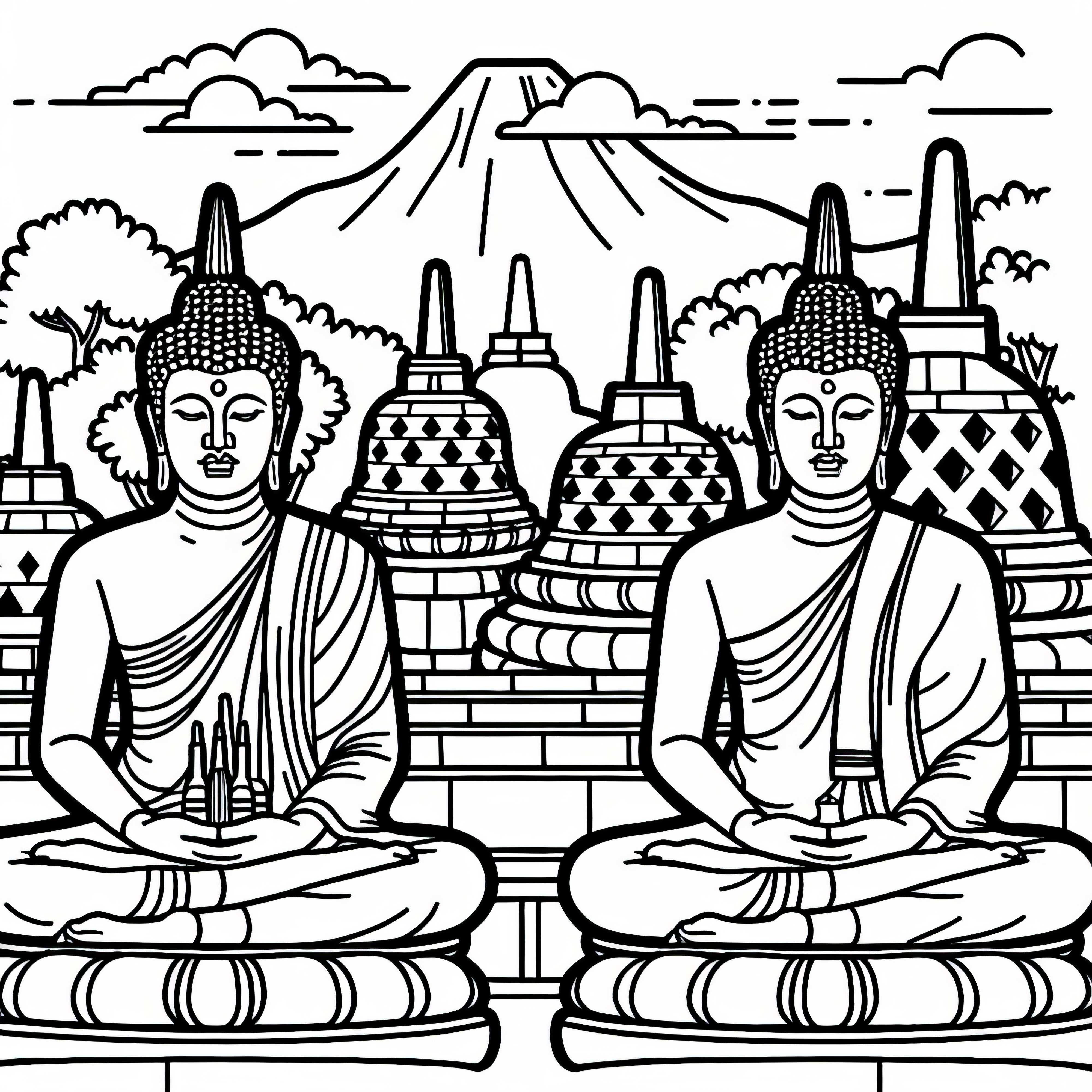 Temple of Borobudur in Indonesia with Buddha statues - Coloring page Temple of Borobudur in Indonesia with Buddha statues - Coloring page