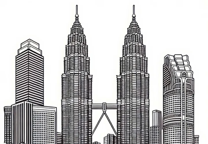 Petronas Towers Malaysia dengan Gambar Koloring Taman Asia Gratis