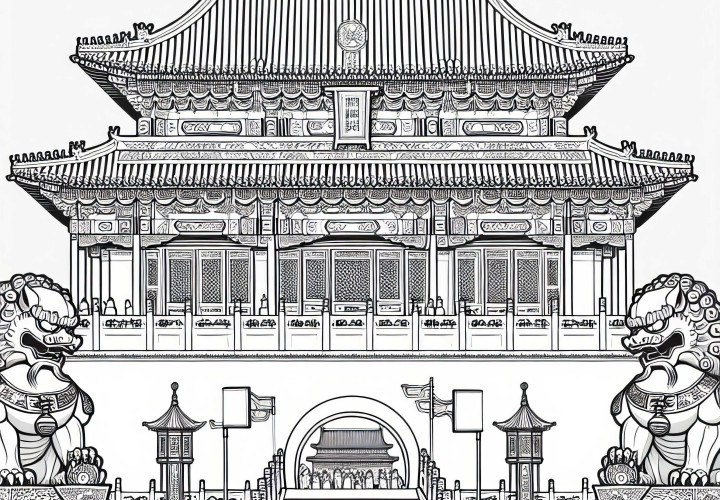 Coloring page of the Forbidden City in Beijing with guardian figures Coloring page of the Forbidden City in Beijing with guardian figures