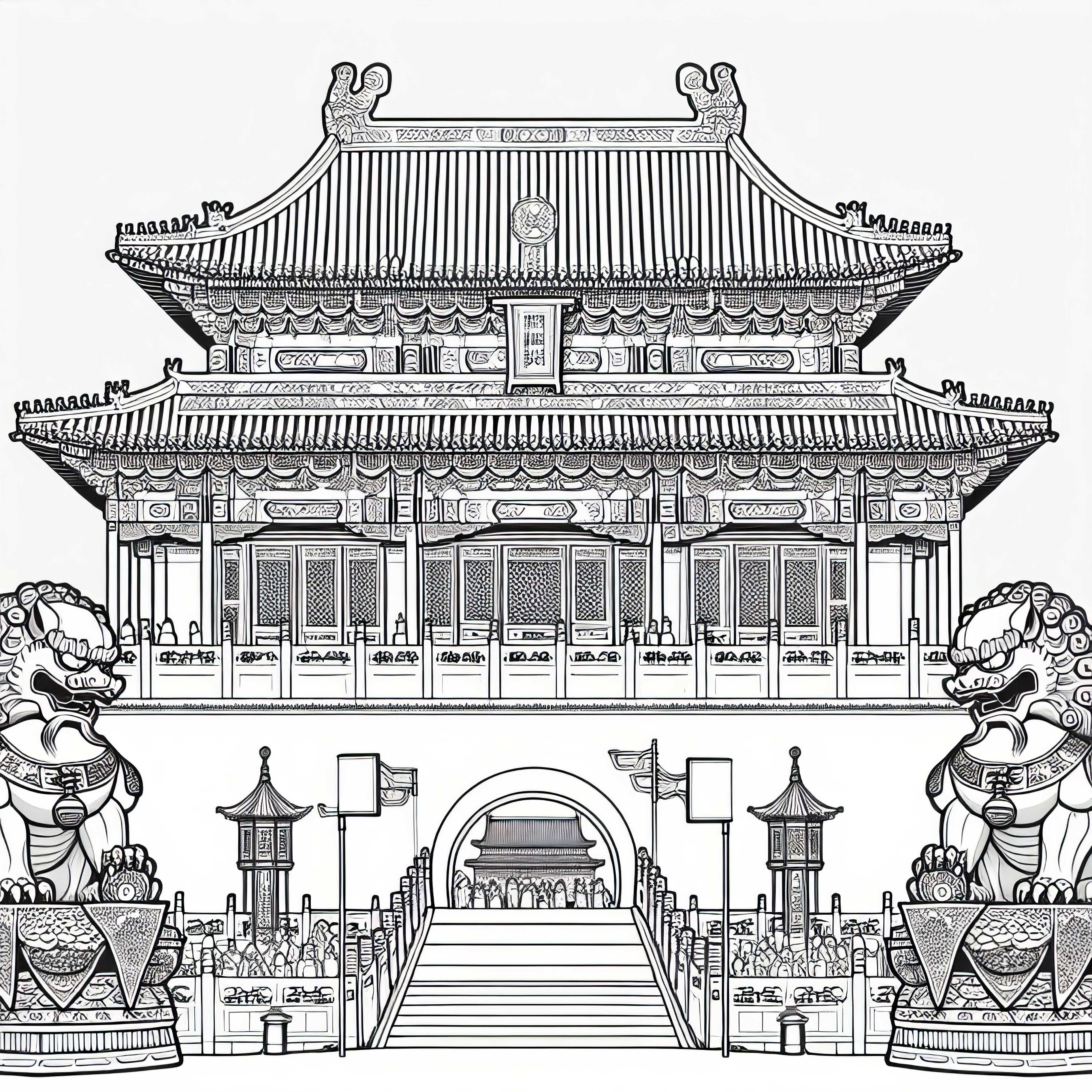 Coloring page of the Forbidden City in Beijing with guardian figures Coloring page of the Forbidden City in Beijing with guardian figures
