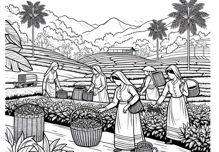 Tea plantation with harvest helpers and baskets – Free coloring page Asia Tea plantation with harvest helpers and baskets - coloring page Asia free