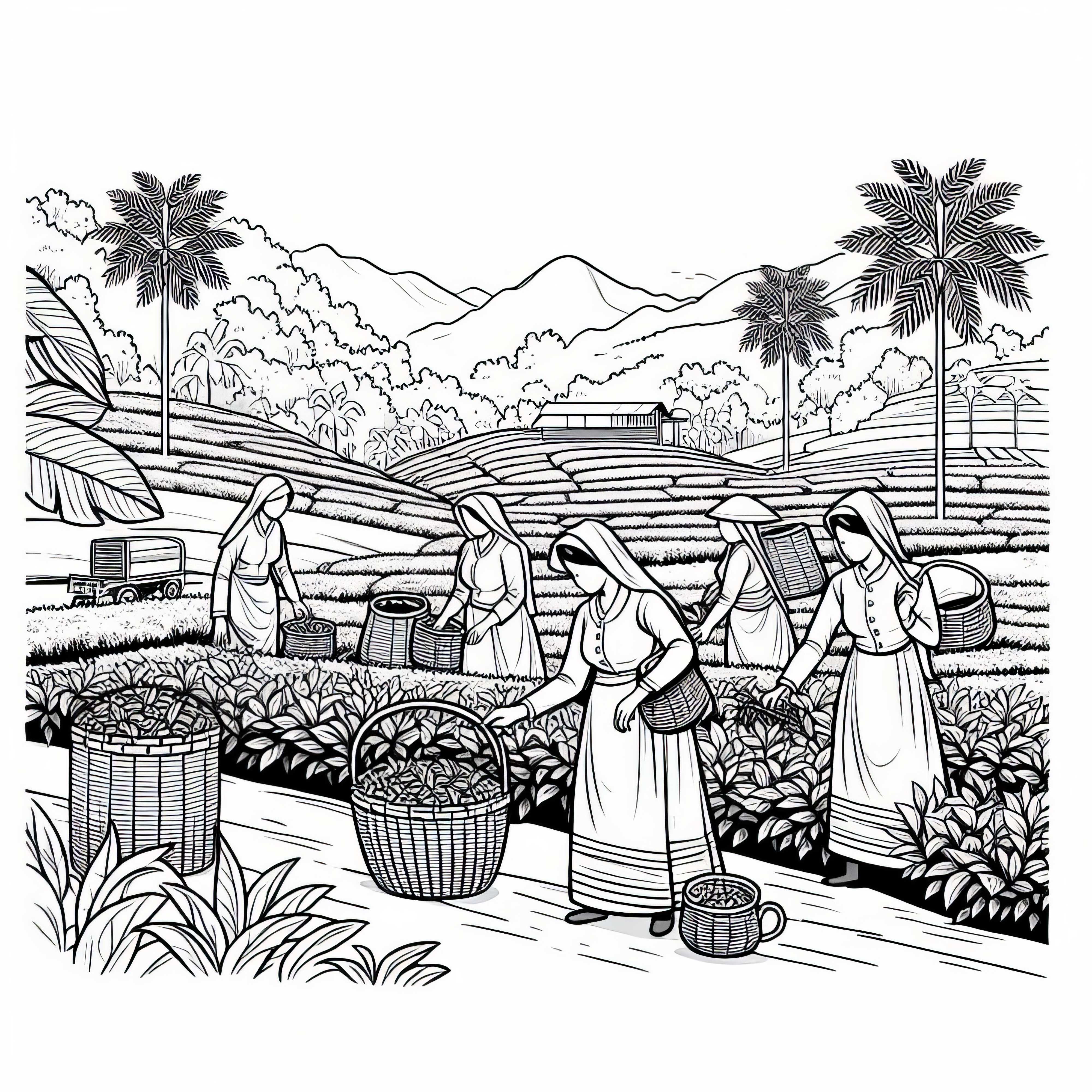 Tea plantation with harvest helpers and baskets – Free coloring template Asia Tea plantation with harvest helpers and baskets – Coloring page Asia free