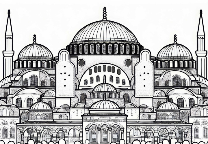 Domes of the Hagia Sophia in Turkey with children in front – Coloring page for Asia free Domes of the Hagia Sophia in Turkey with children in front – Coloring page for Asia free of charge