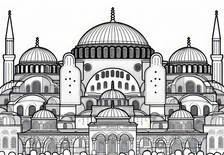 Kubah Hagia Sophia di Turki dengan anak-anak di depan - Gambar untuk diwarnai gratis untuk Asia