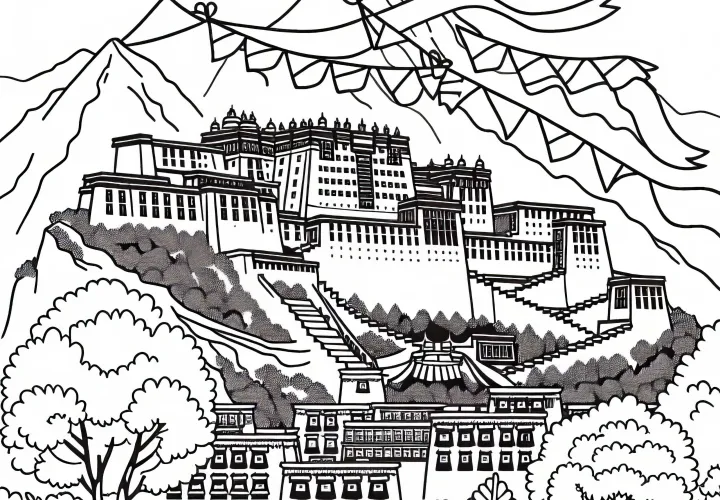 Istana Potala di Lhasa, Tibet: Template mewarnai gratis dari Asia