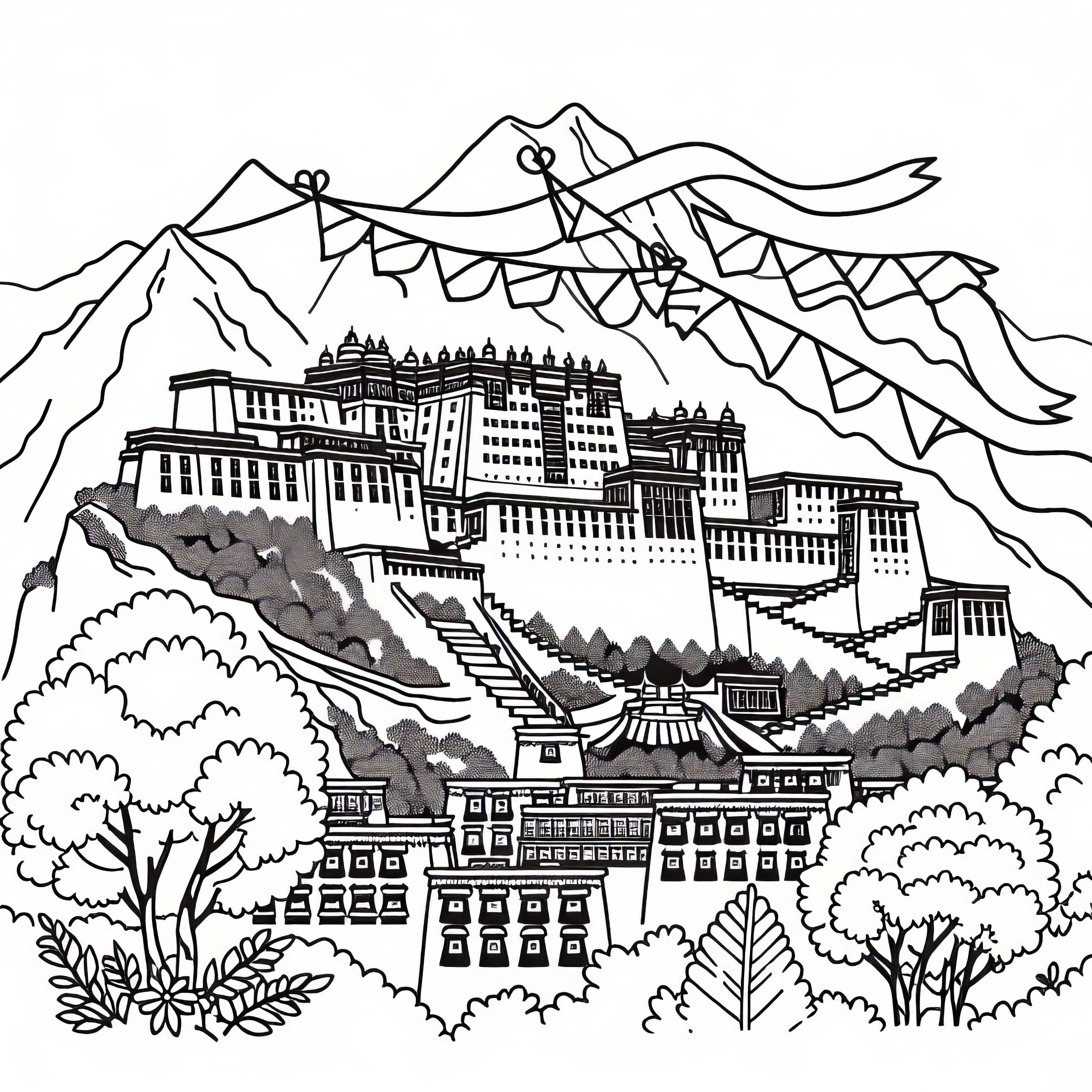 Potala Palace in Lhasa, Tibet: Free coloring template from Asia Potala Palace in Lhasa, Tibet: Coloring page from Asia for free