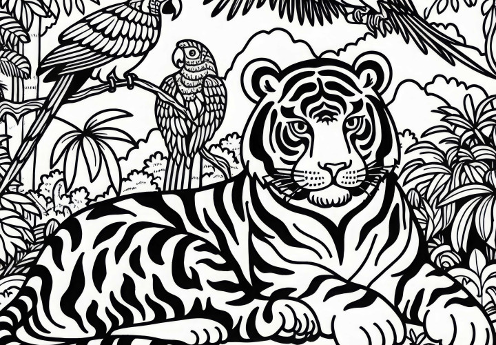Jungle with tigers and parrots - Free coloring page for Asia download Jungle with tigers and parrots - download free coloring page for Asia
