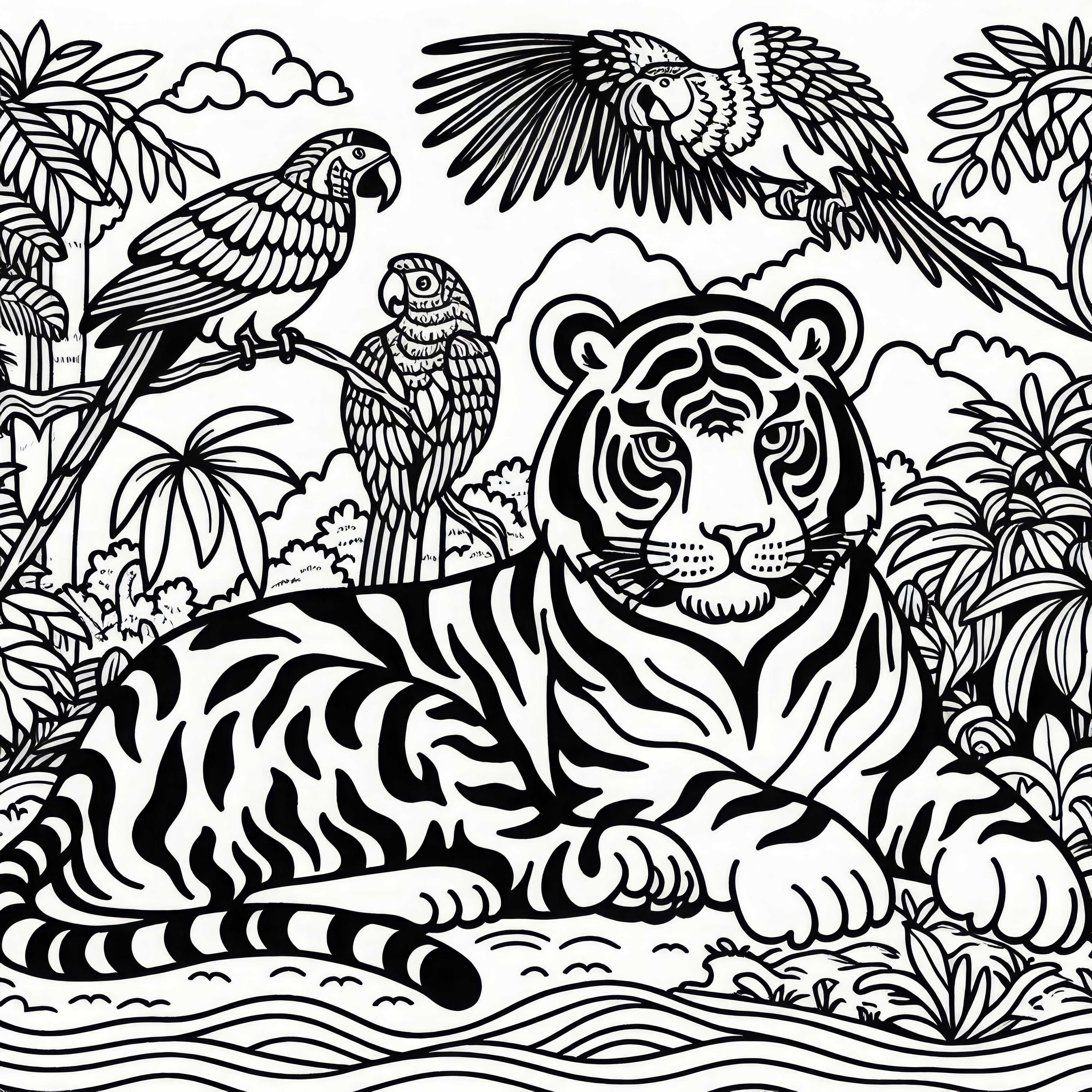 Jungle with tigers and parrots – free download coloring page for Asia Jungle with tigers and parrots - Free coloring template for Asia download