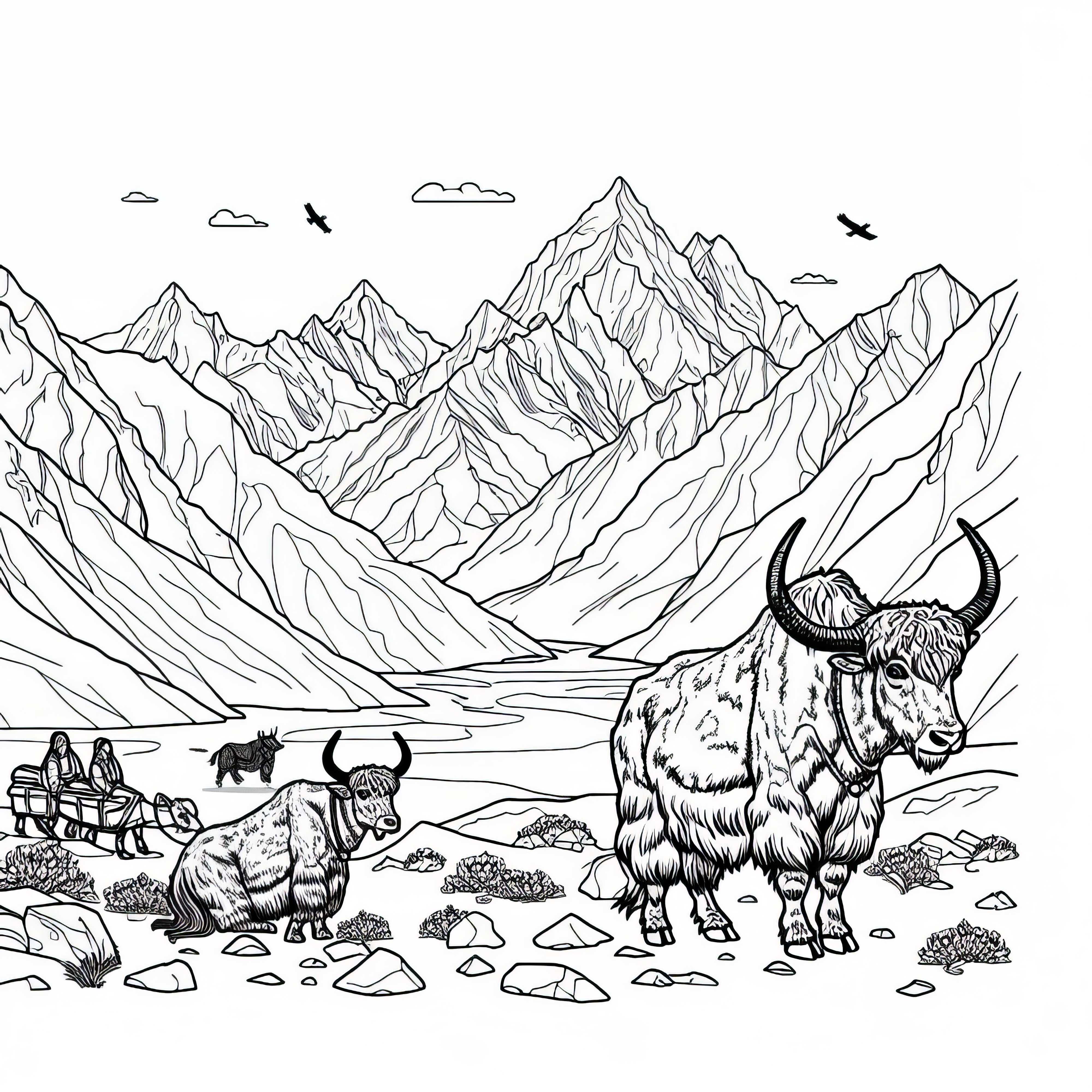 Himalayas with Yaks - Free Coloring Page from Asia Himalayas with Yaks - Free Coloring Page from Asia