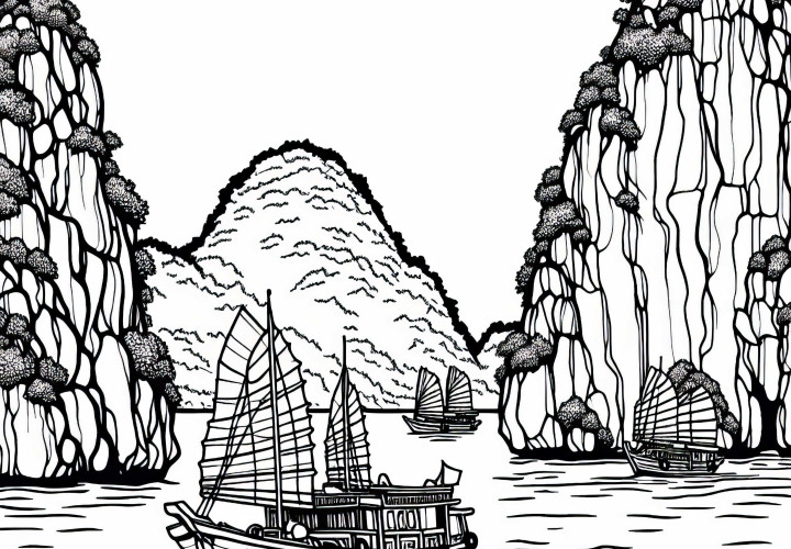 Halong Bay in Vietnam with boats among rocks - coloring page for Asia free Halong Bay in Vietnam with boats among rocks - Coloring page for Asia free of charge