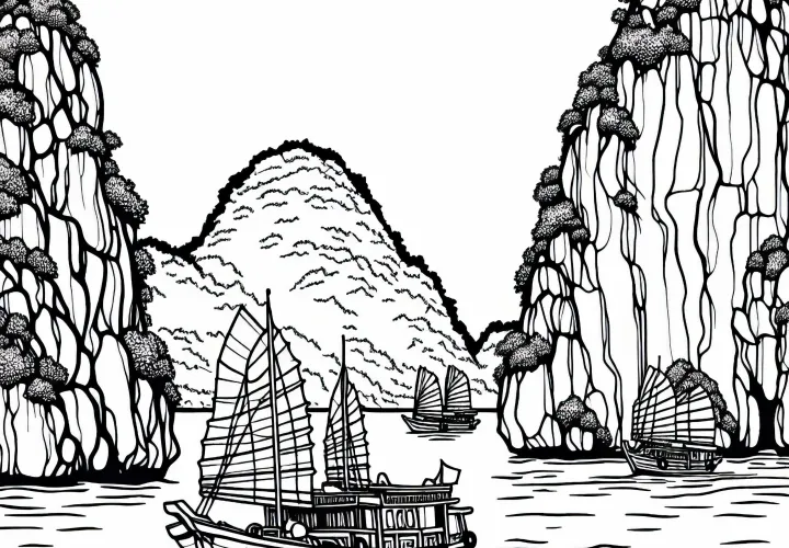 Halong Bay di Vietnam dengan perahu di antara batuan - template mewarnai untuk Asia gratis