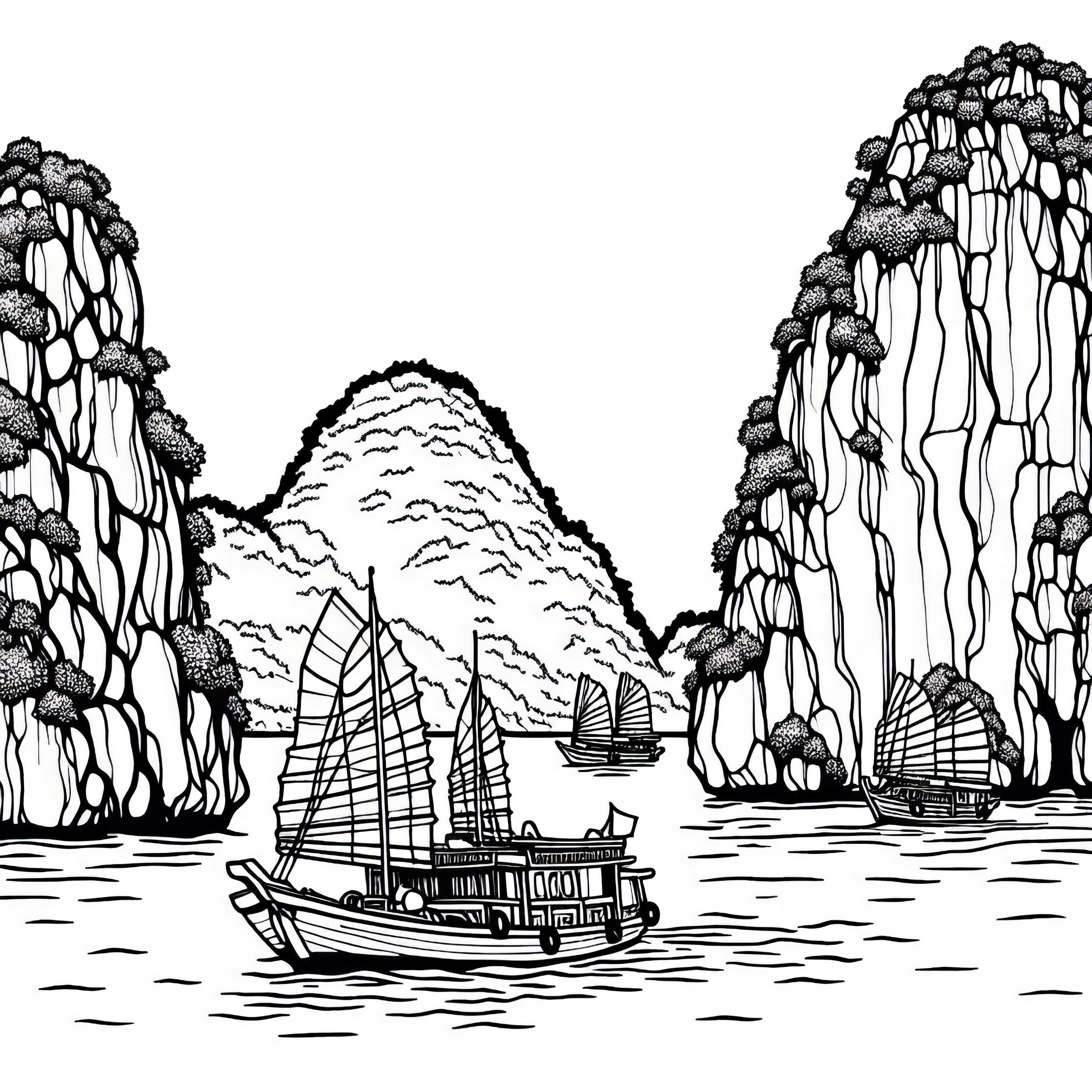 Halong Bay in Vietnam with boats among rocks – Free coloring page for Asia Halong Bay in Vietnam with boats among rocks - Free coloring page for Asia