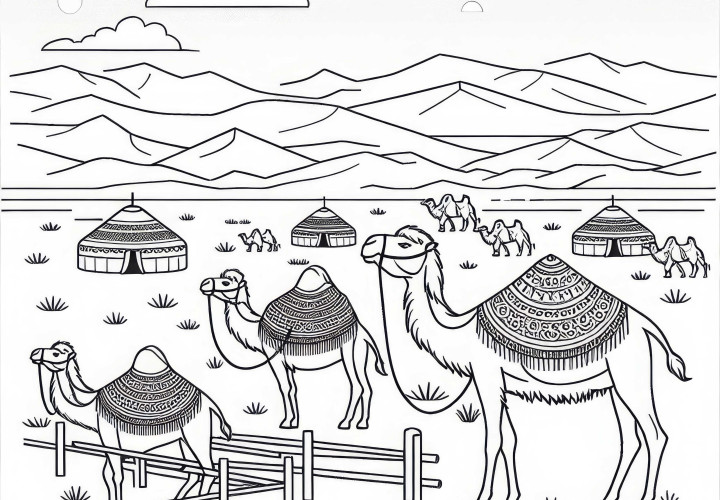 Steppe with camels and yurts – Free coloring page Asia Steppe with camels and yurts – Coloring page Asia free