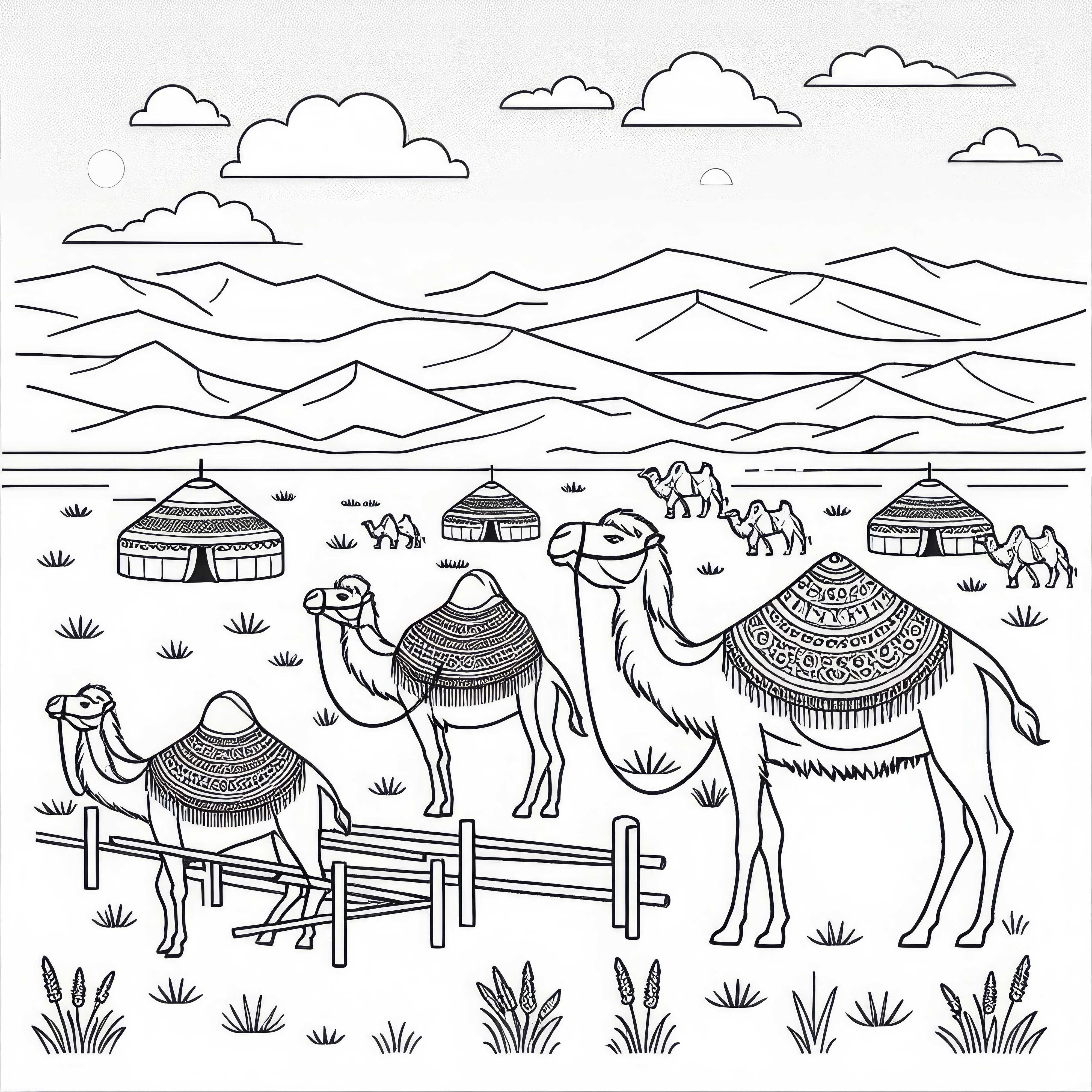 Steppe with camels and yurts - Coloring page Asia free Steppe with camels and yurts – Free coloring page Asia