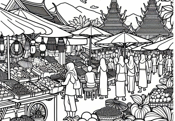 Street market with stalls - Coloring page Asia free Street market with stalls - Coloring page Asia free