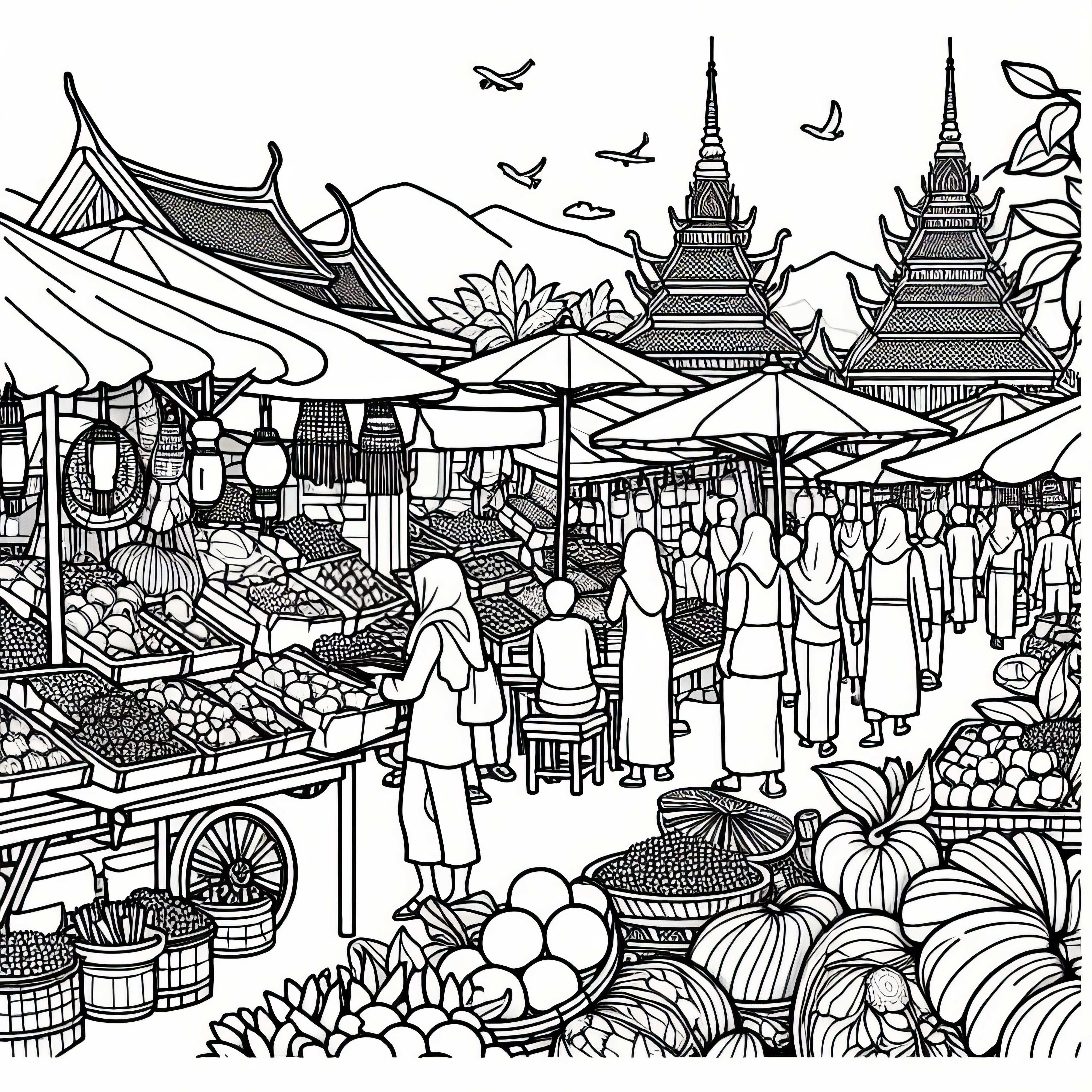 Street market with stalls - coloring page Asia free Street market with stalls - coloring page Asia free