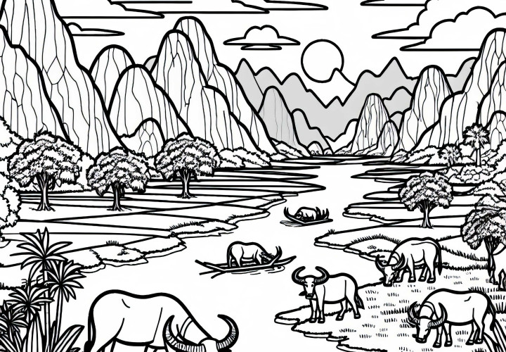 River delta with water buffaloes and rice fields - Free coloring page from Asia River delta with water buffalos and rice fields - coloring page from Asia for free
