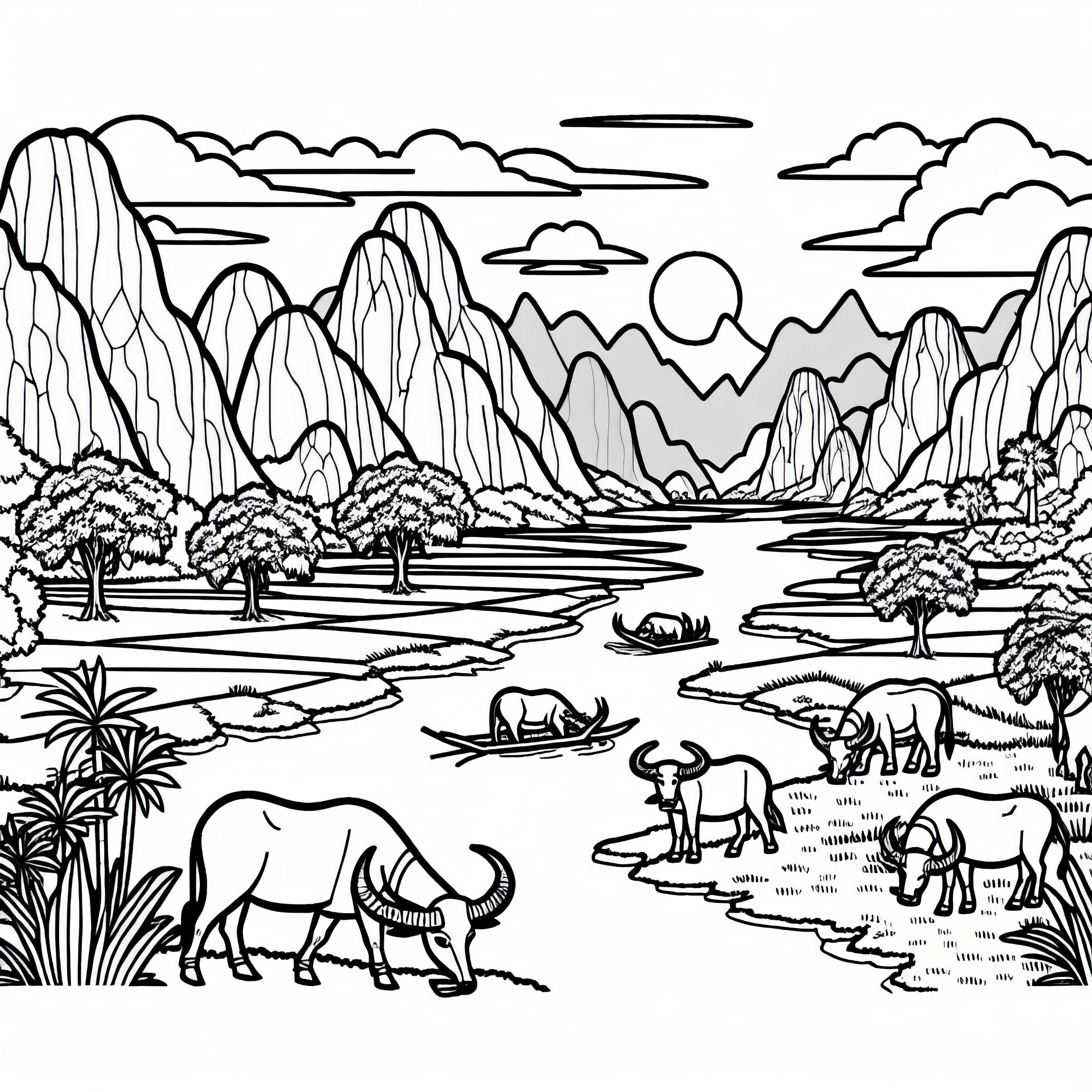 River delta with water buffaloes and rice fields - free coloring page from Asia River delta with water buffalo and rice fields - coloring page from Asia for free