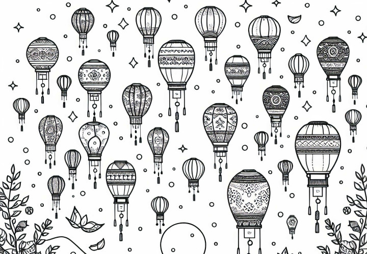 Lantern festival with floating paper lanterns – Coloring page from Asia for free Lantern festival with floating paper lanterns – Free coloring page from Asia