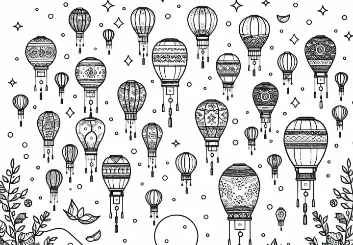 Festival Lentera dengan lampion kertas yang melayang - Gambar mewarnai dari Asia gratis