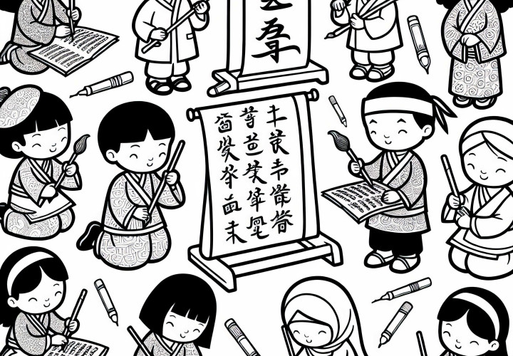 Children practice calligraphy with brushes and scrolls – Free coloring page Asia Children practice calligraphy with brushes and scrolls - Free coloring template Asia