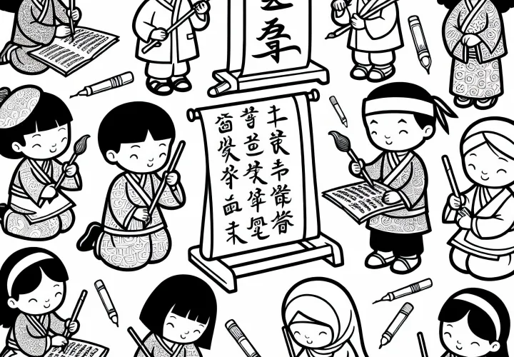Anak-anak berlatih kaligrafi dengan kuas dan gulungan kertas - Template gambar gratis Asia