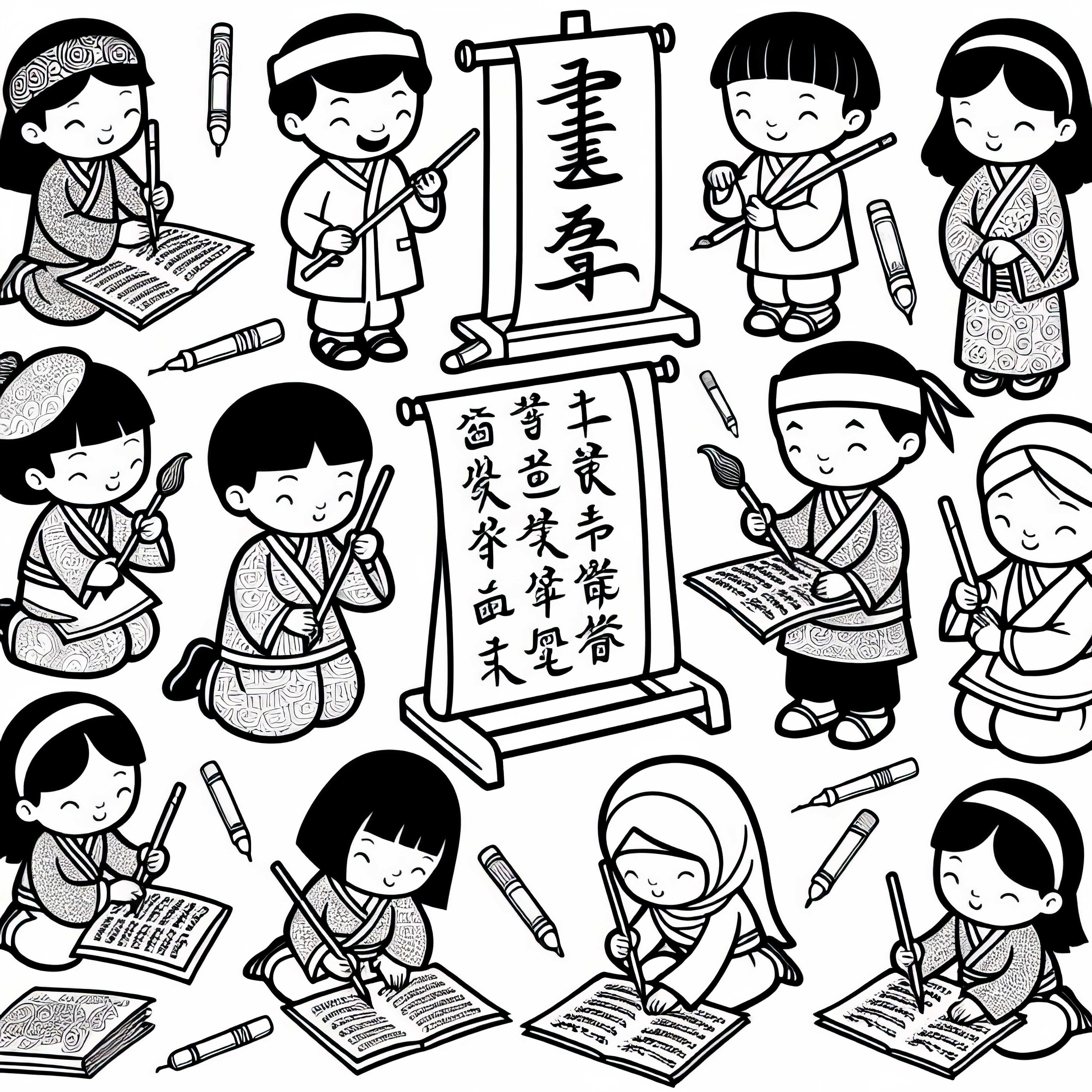 Children practice calligraphy with brushes and scrolls - Free coloring template Asia Children practice calligraphy with brushes and scrolls – Free coloring template Asia