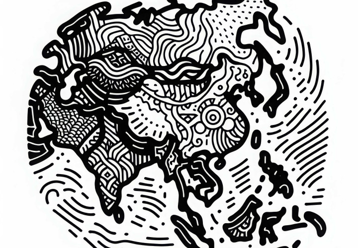Stylized: Download map of Asia as a coloring page for free Stylized: Download a map of Asia as a coloring page for free